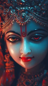 Close view shows illuminated statue face with ornate headdress