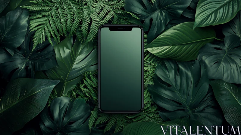 Calm smartphone oasis cradled by deep green jungle leaves.
