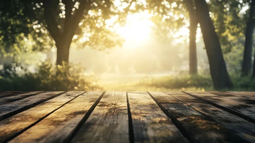 Sunlit wooden table surface in forest clearing setting.