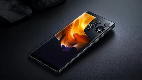 Premium Smartphone with Quad Camera Array and Flowing Orange Abstract Display.