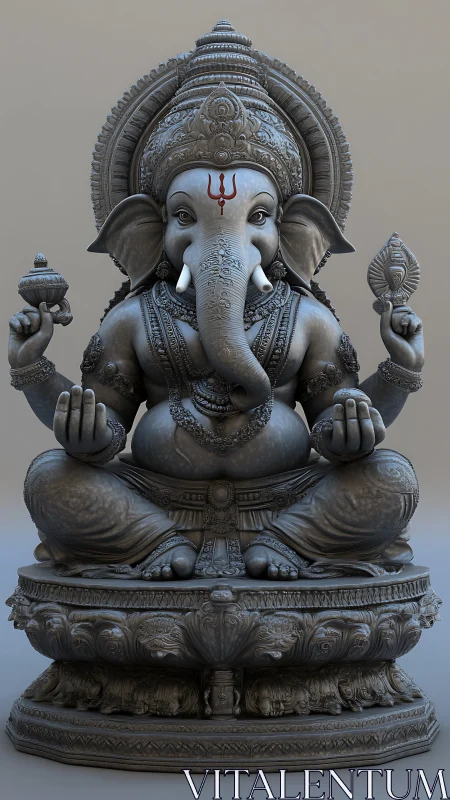 Elephant-headed deity sculpture in seated meditative posture.