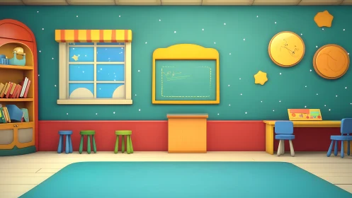 Color-rich kindergarten classroom interior with playful decor.