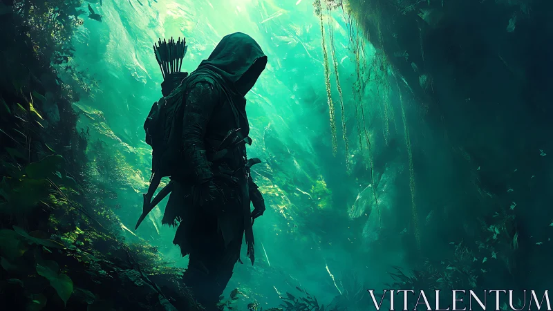 Hooded archer figure standing in dense green forest light.