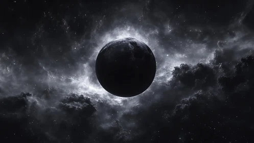 Dark planet silhouette cuts through luminous cosmic nebula