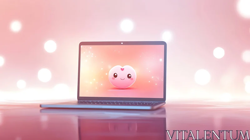 Smiling heart icon glows on laptop screen in dreamy pink
