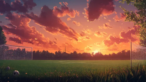 Soccer field is shown under low-angle sunset illumination