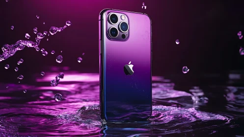 Gradient iPhone 12 Pro with Water Splash Effect in Neon Pink-Blue Lighting