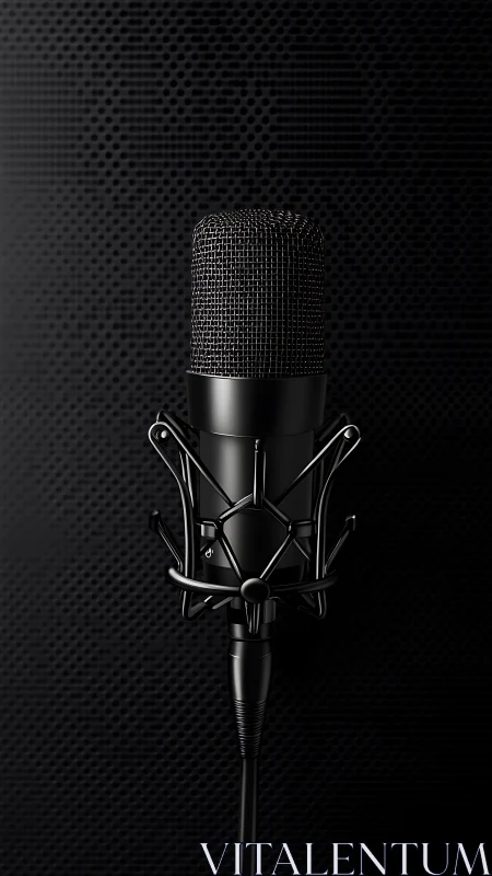 Studio condenser microphone on dark perforated backdrop.