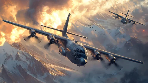 Mighty transport planes gliding through glowing mountain skies.