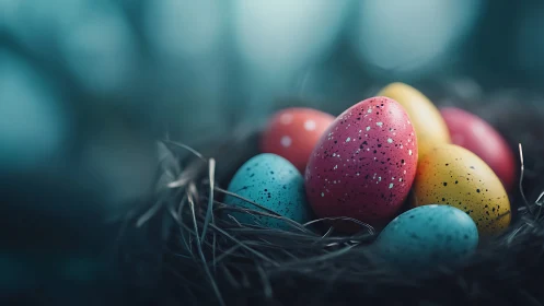 Speckled pastel eggs arranged in soft-focus forest nest.