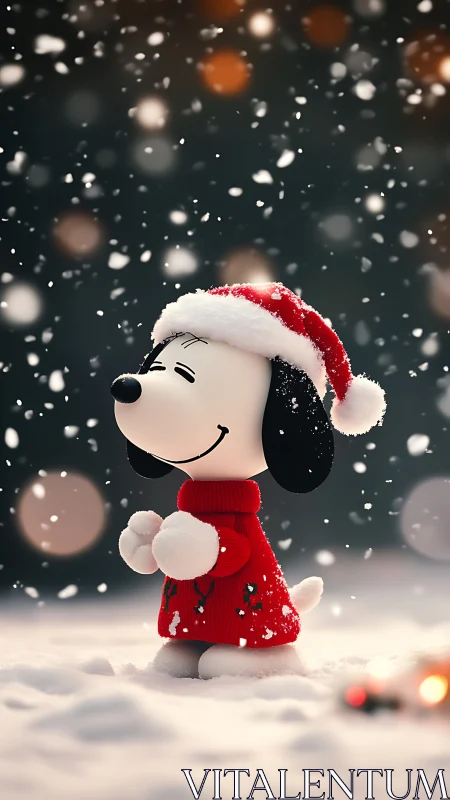 Snowy beagle in red sweater quietly invents winter joy