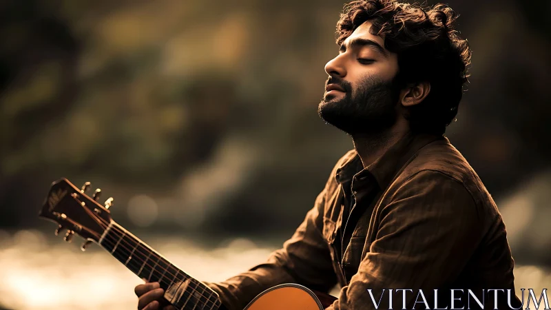 Guitarist closes eyes and feels music at sunset outdoors.