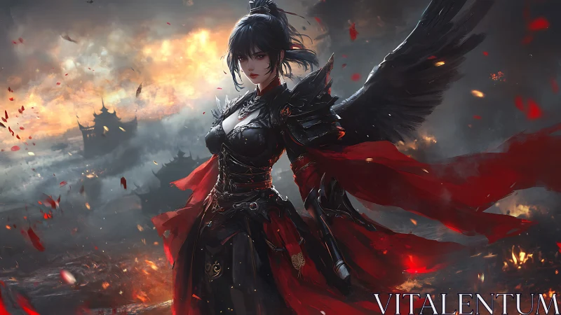 Dark winged warrior stands in burning battlefield ruins.