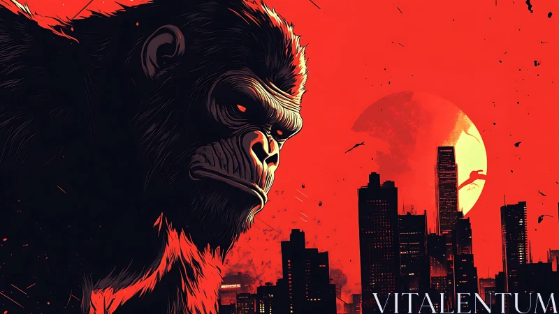 Giant gorilla silhouette dominates stark red city skyline.