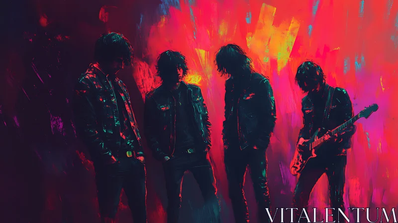 Neon-lit rock band silhouettes in electric magenta spectrum.