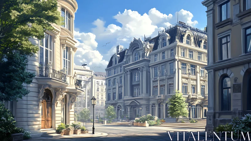 Sunlit neoclassical boulevard with ornate facades and trees.