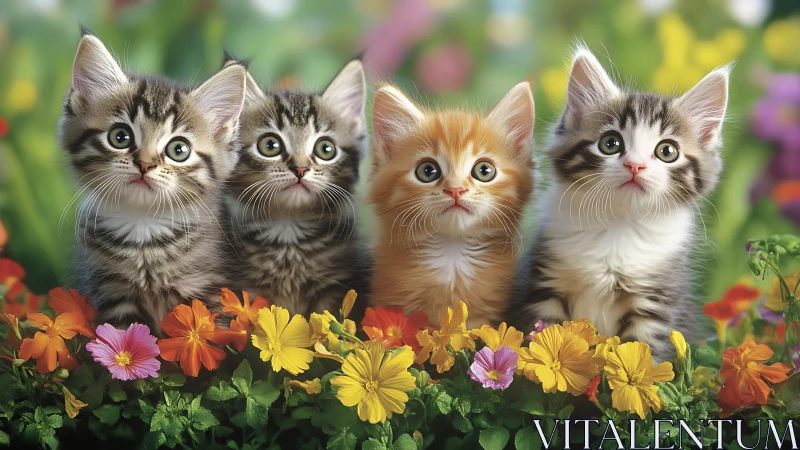 Four Adorable Kittens Among Colorful Garden Flowers.