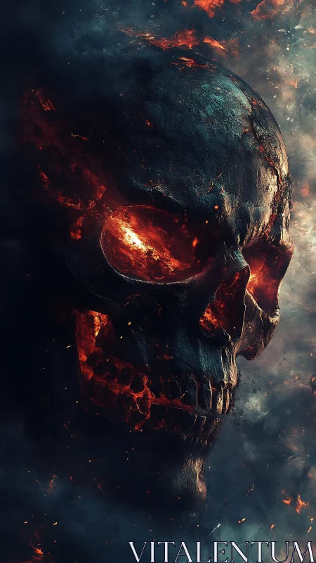 Burning lava skull emerging through smoke and darkness.