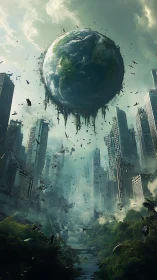 Shattered skyline beneath a levitating, crumbling Earth sphere.