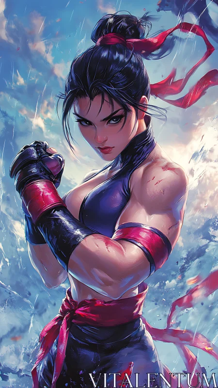 Stormlit martial artist in dynamic high-energy guard stance.