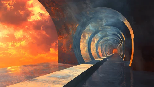 Cylindrical corridor recedes toward an incandescent horizon