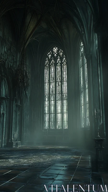 Gothic cathedral nave rendered with atmospheric volumetric lighting