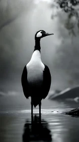 Solitary crane stands poised in tranquil misty waters.