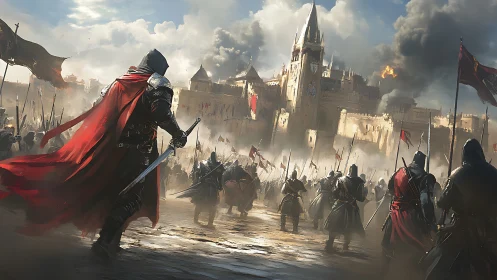 Crimson-caped knight leads storming charge on burning citadel.