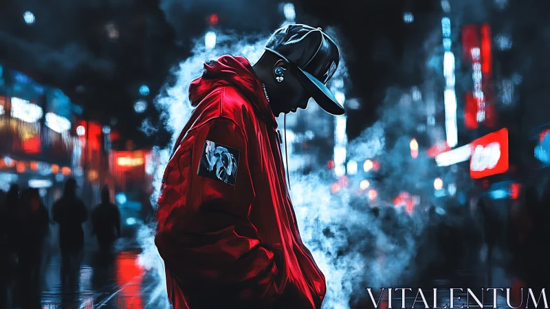 Moody night city stroll with a lone listener in red.