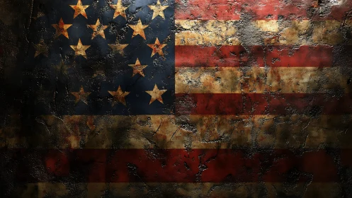 Weathered American flag glowing through cracked shadowed steel.