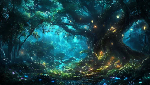 Bioluminescent Forest Cavern with Glowing Stream and Ancient Trees.