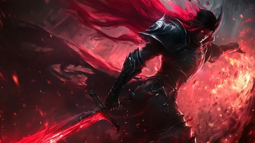 Dark armored swordsman lunging through red fiery energy.