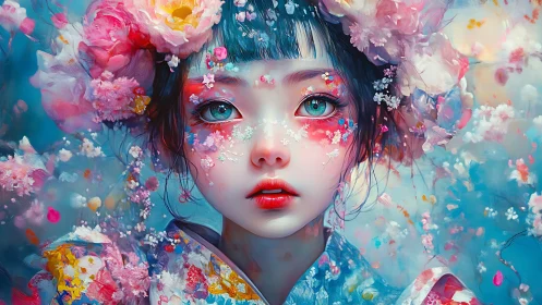 Portrait of stylized girl amid dense floral elements.