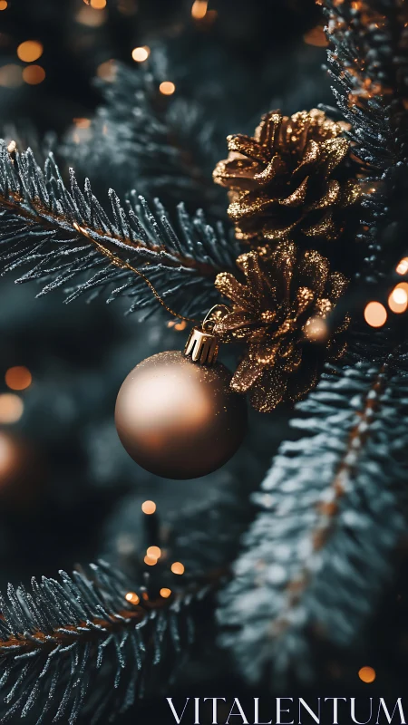 Photorealistic gold ornament on frosted evergreen bokeh field.