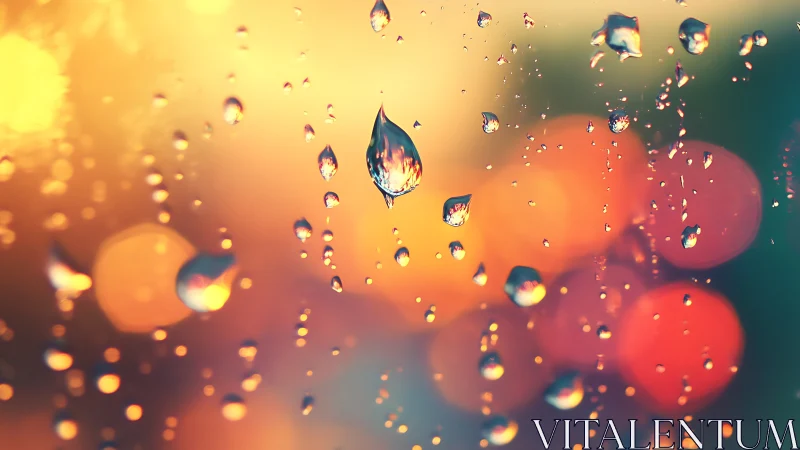 Glowing raindrops dancing against a dreamy sunset blur.