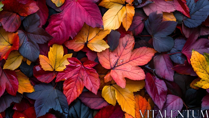 Colorful layered autumn leaves in red, orange and yellow.
