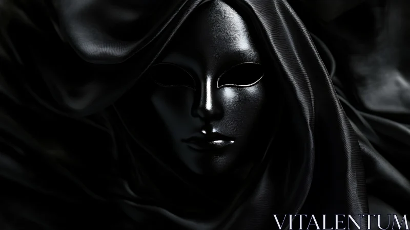 Monochrome veiled mask forms a sculptural study in black sheen