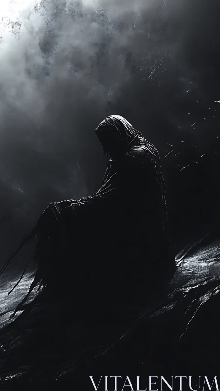 Hooded shadow listens to storms whisper along the void