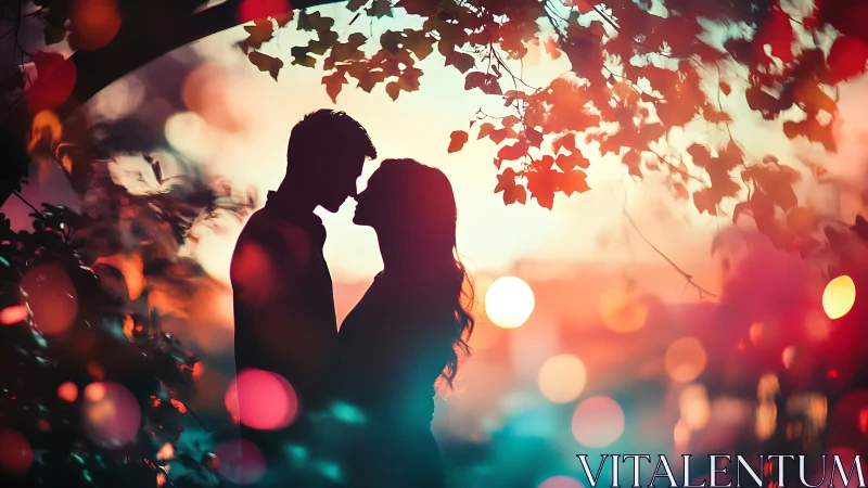 Silhouetted couple beneath autumn leaves at sunset.
