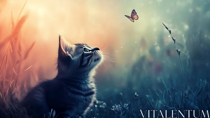 Felid Gazing Upward: Striped Kitten Observing Lepidoptera in Luminescent Field