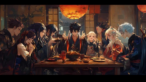 Anime friends share festive dinner in warm lantern light
