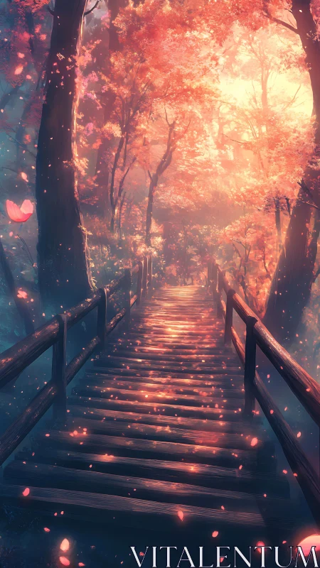 Sunlit wooden bridge glows through an ethereal autumn forest