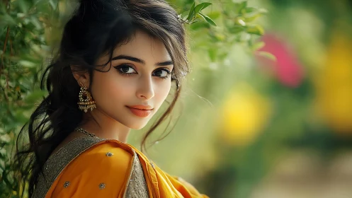 Young woman in yellow dress poses outdoors in greenery