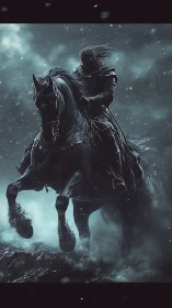 Dark armored rider charges through spectral winter storm.