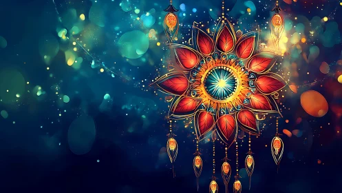 Radial mandala dreamcatcher with luminous bokeh cosmos.