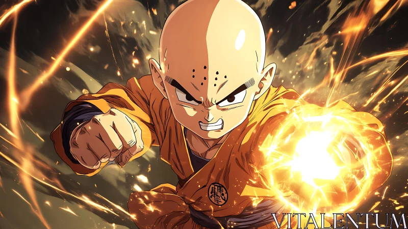 Bald warrior unleashes blazing energy attack in midair battle.