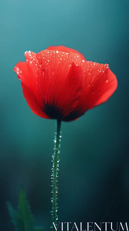 Red poppy with water droplets against teal background.