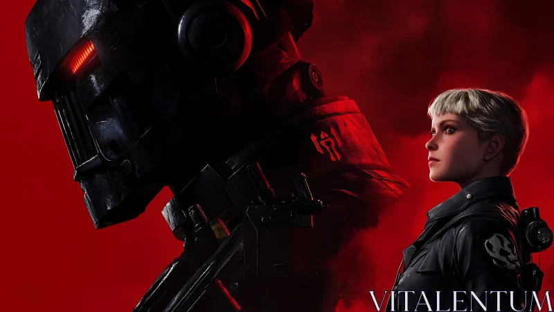 Militarized android and stoic soldier rendered in high-contrast 3D