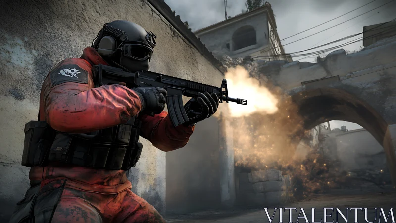 Tactical shooter operator firing rifle in urban choke point