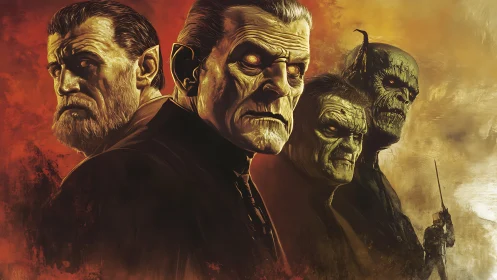 Four undead characters stare forward against fiery sky.